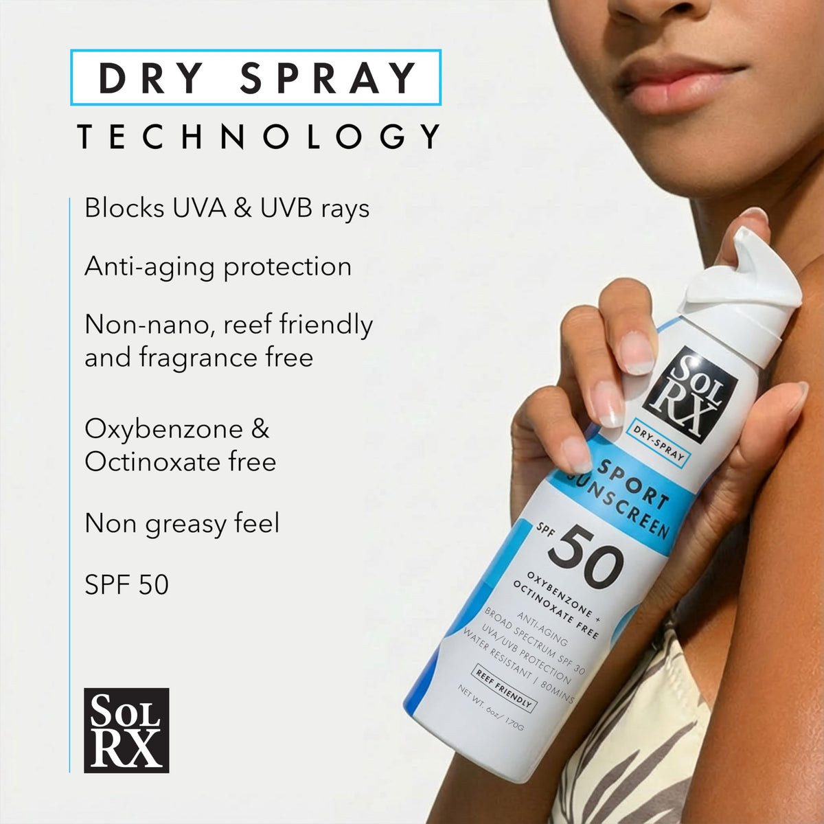 SolRX Sport Spray SPF 50 mist dispersion ideal for quick reapplication
