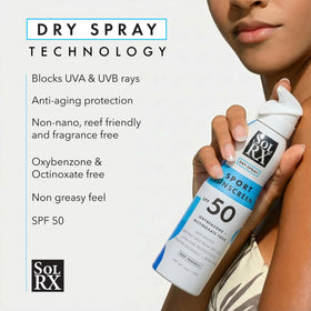 SolRX Sport Spray SPF 50 mist dispersion ideal for quick reapplication