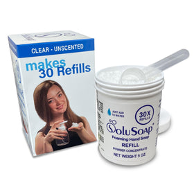 SoluSoap refill jar shows 30-bottle yield for economical, eco-friendly handwashing.