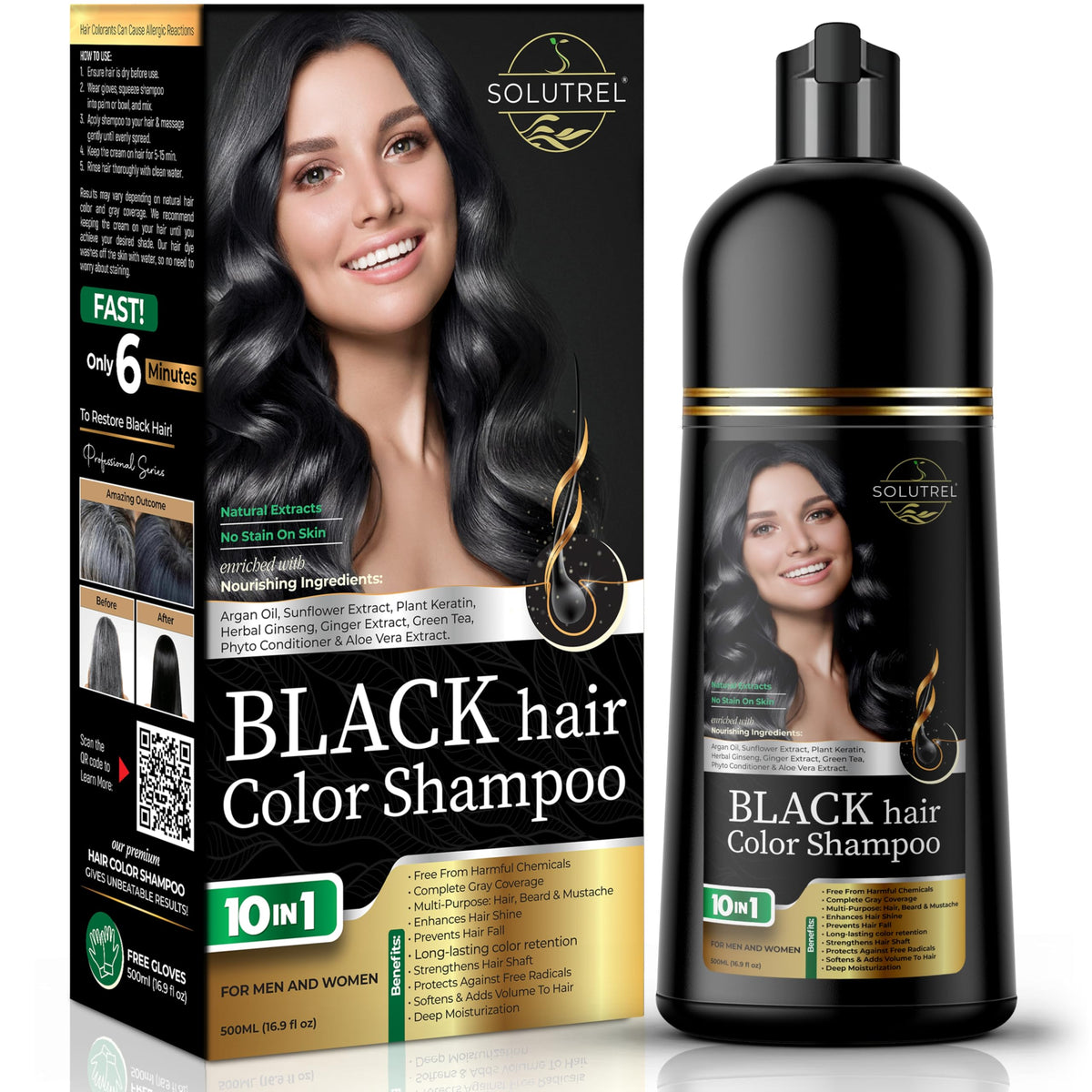 Solutrel Black Hair Dye Shampoo bottle close-up highlighting a natural, ammonia-free color formula.