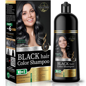 Solutrel Black Hair Dye Shampoo bottle close-up highlighting a natural, ammonia-free color formula.