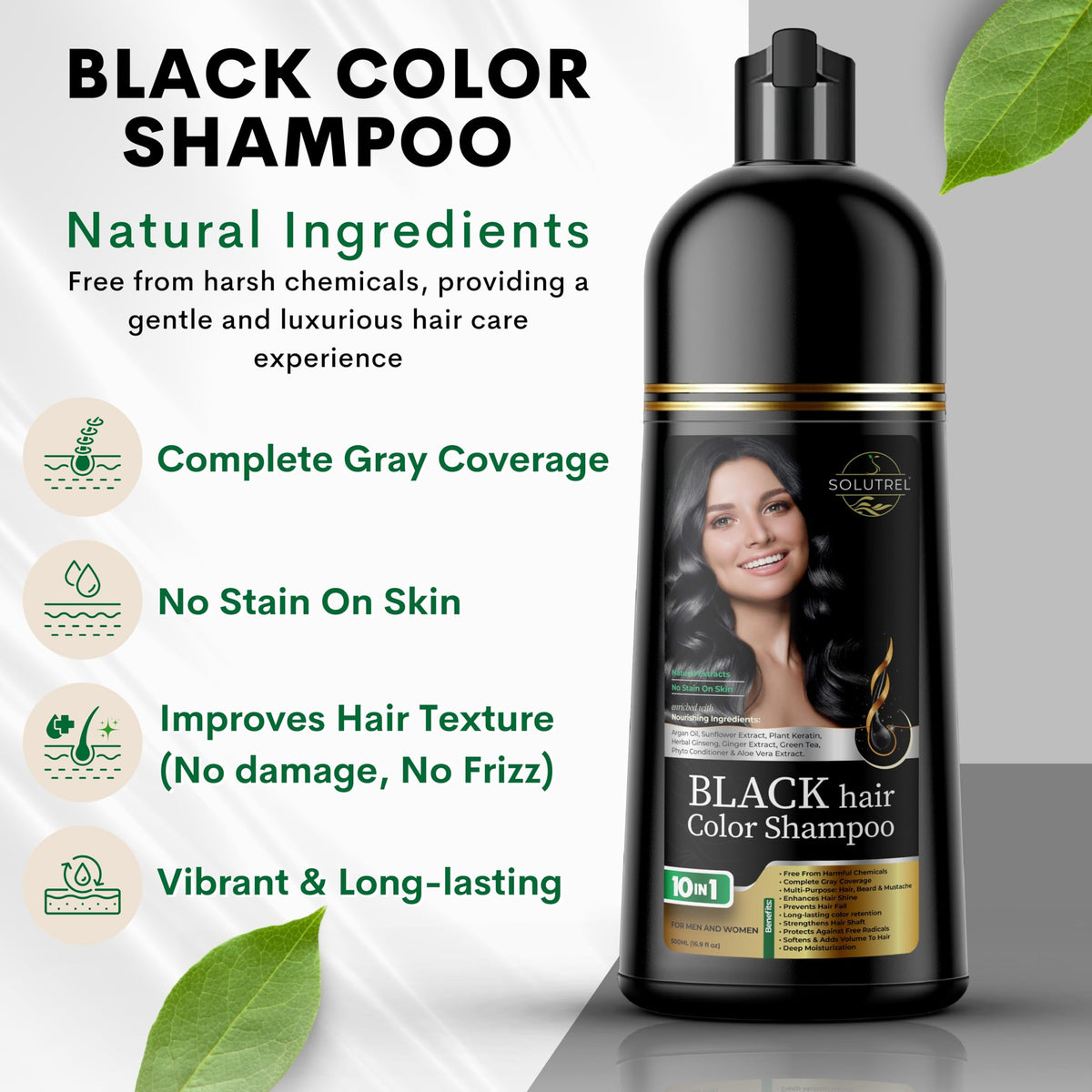 Solutrel color shampoo foam applied to hair for quick gray coverage.