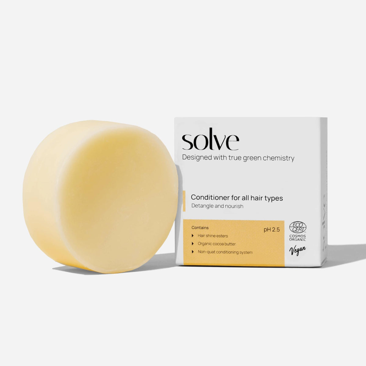 Solve Nourishing Solid Conditioner packaging shown for eco-friendly, plastic-free hair care.
