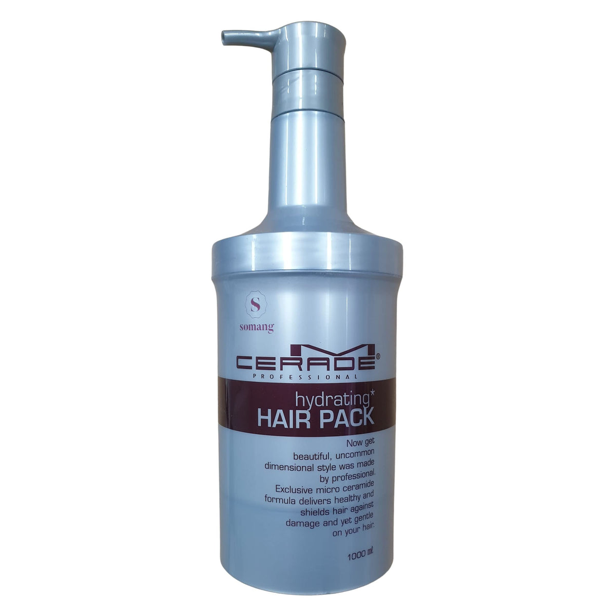 Somang M Cerade hair pack bottle front for luxurious hydration and easy handling.