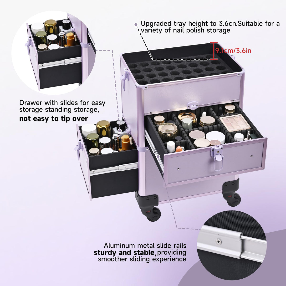 Somduy rolling makeup case locking latches protect contents during transport