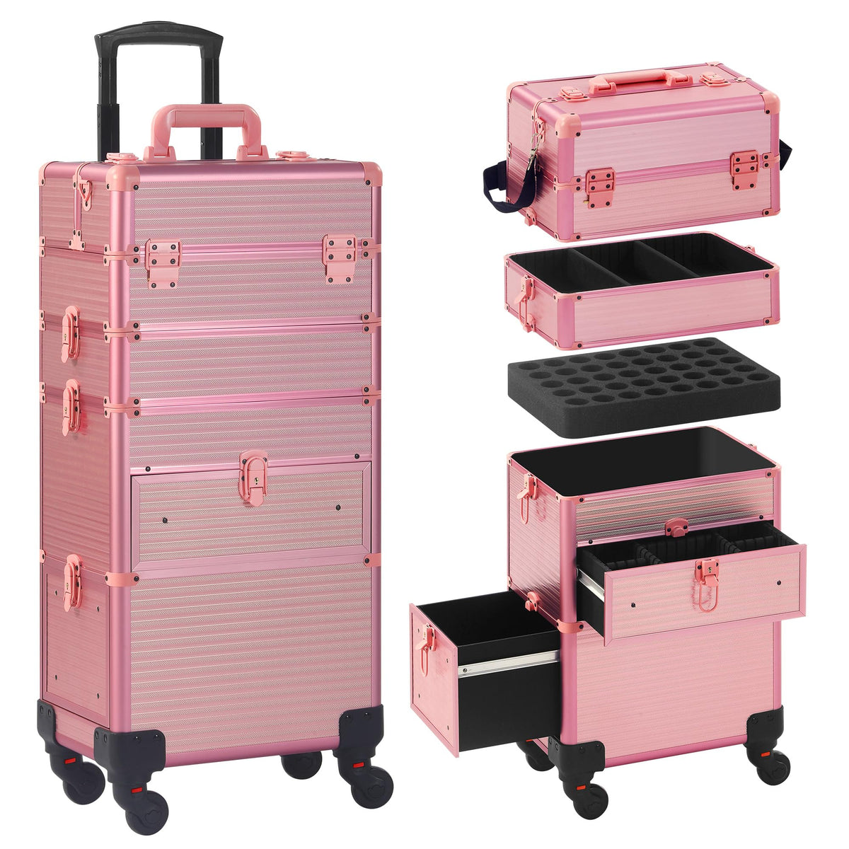 Somduy rolling makeup case with drawer shows organized compartments for professionals.