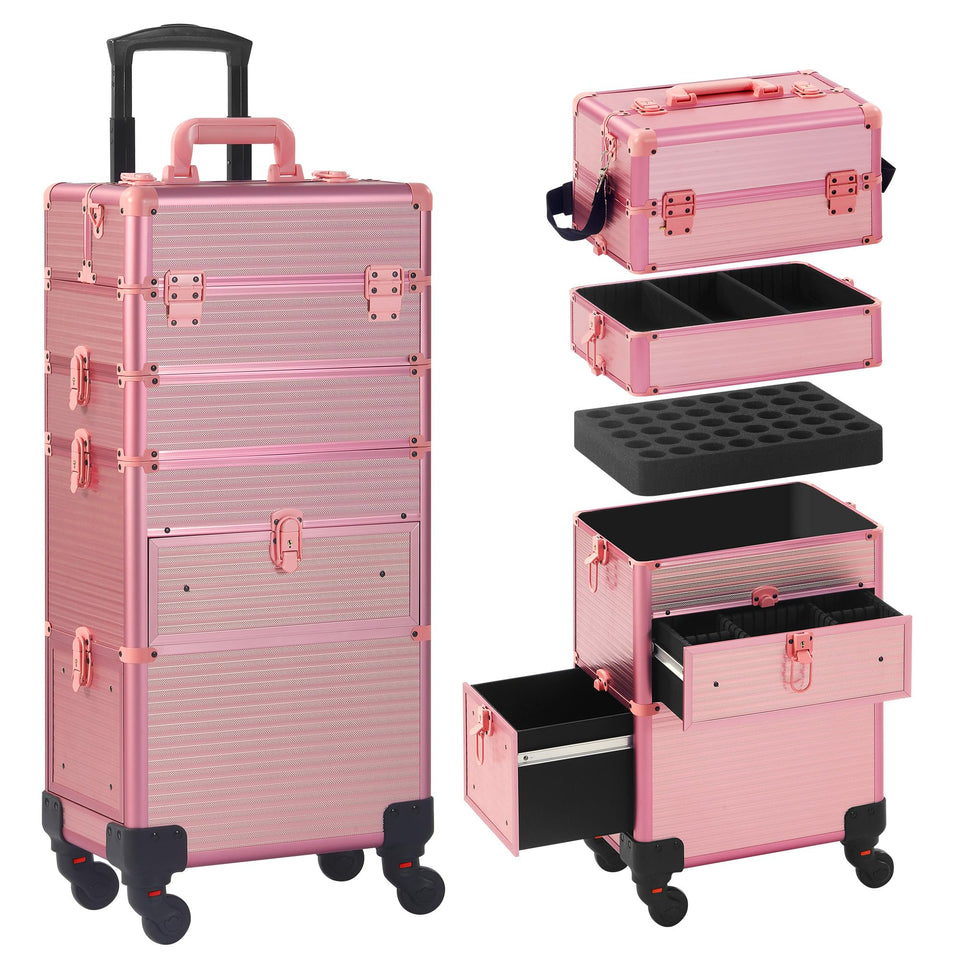 Somduy rolling makeup case with drawer shows organized compartments for professionals.
