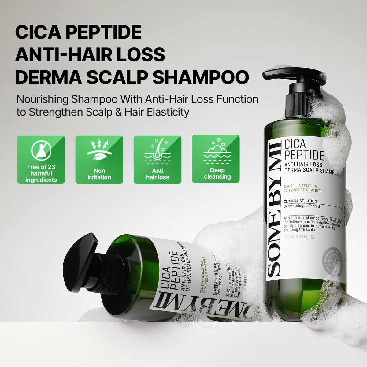 SOME BY MI Cica Peptide Derma Scalp Shampoo label closeup showing soothing formula.