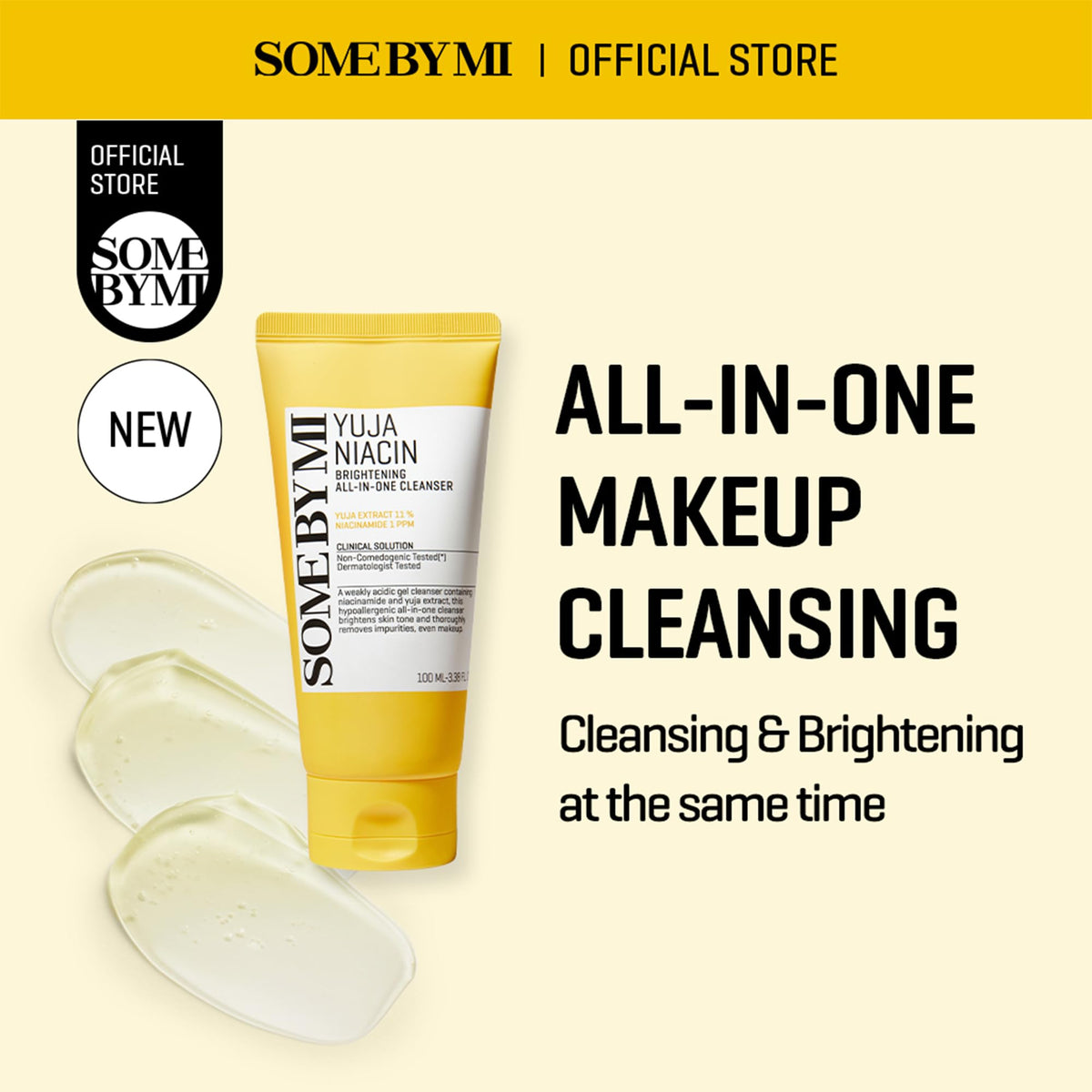 Closeup of SOME BY MI Yuja Niacin Brightening Cleanser bottle showing label and design
