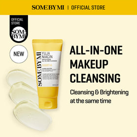 Closeup of SOME BY MI Yuja Niacin Brightening Cleanser bottle showing label and design