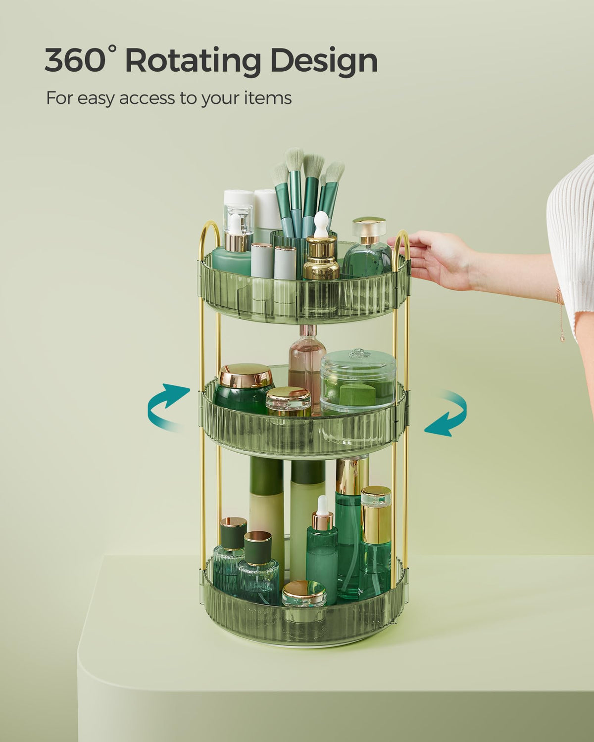 SONGMICS rotating lazy Susan provides 360-degree accessibility for cosmetics.