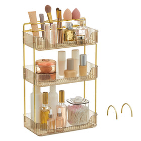 SONGMICS makeup organizer 3-tier champagne gold on vanity for easy organization.