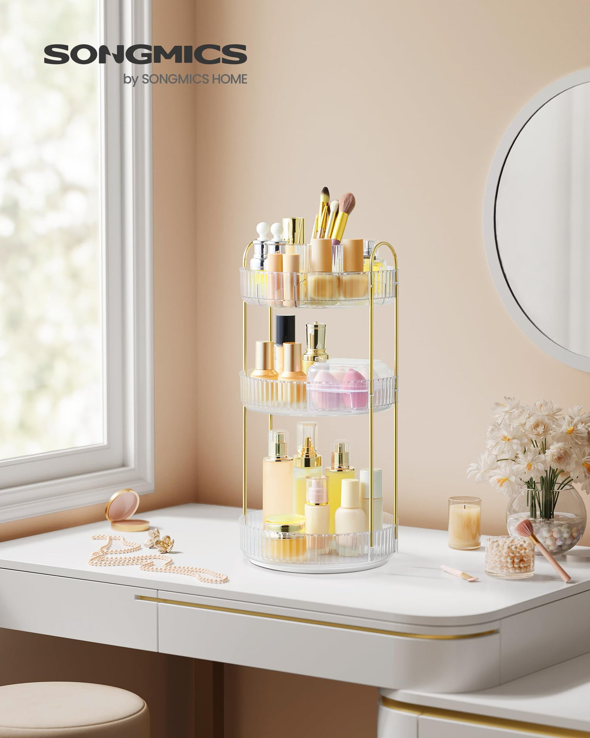 SONGMICS makeup organizer compact layout maximizes vanity space.