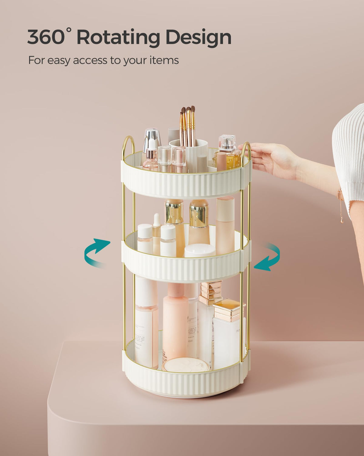 SONGMICS makeup organizer lower shelf demonstrates expanded storage for tools and fragrances.