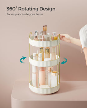SONGMICS makeup organizer lower shelf demonstrates expanded storage for tools and fragrances.