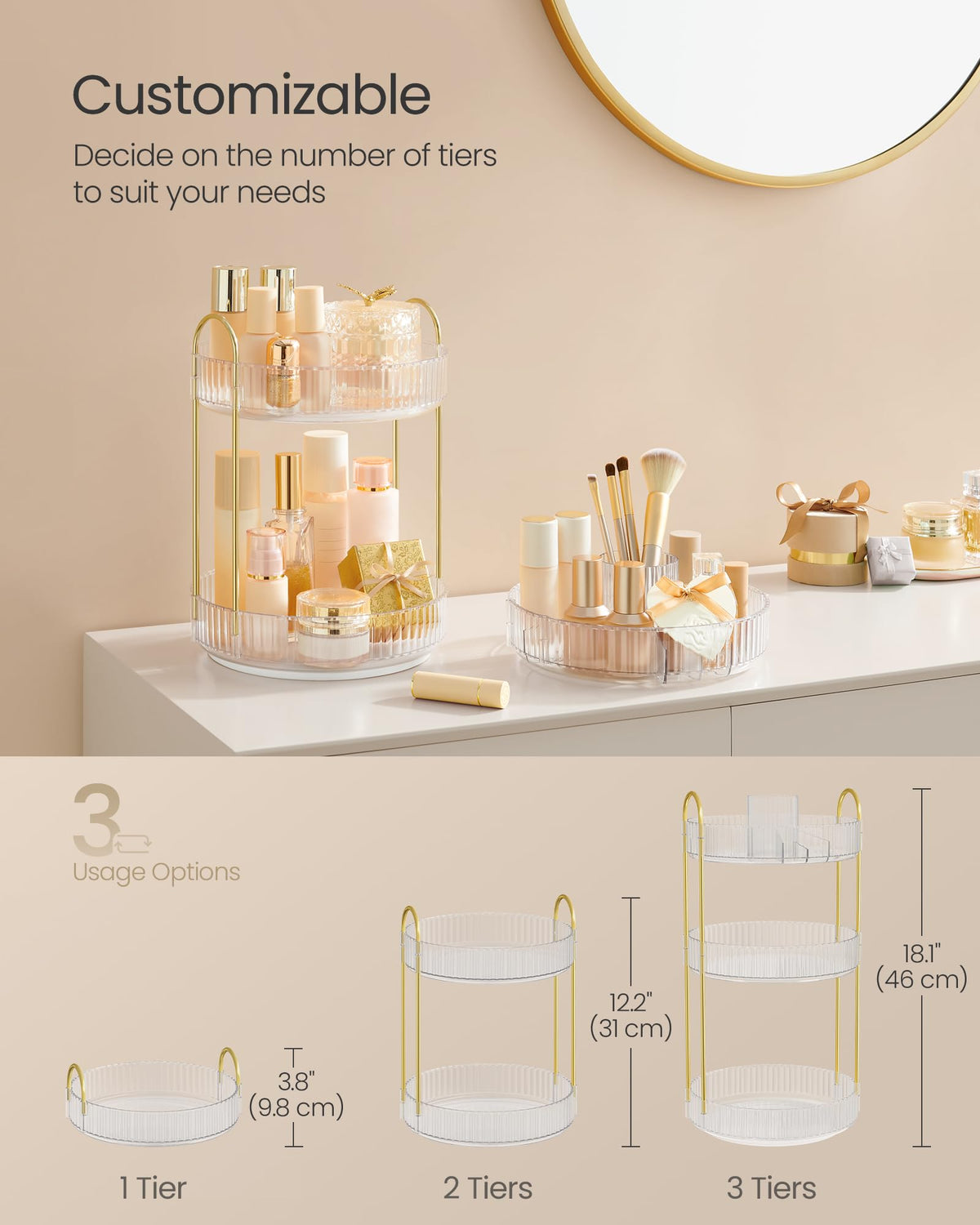 SONGMICS makeup organizer lower shelf adds extra storage for tools.