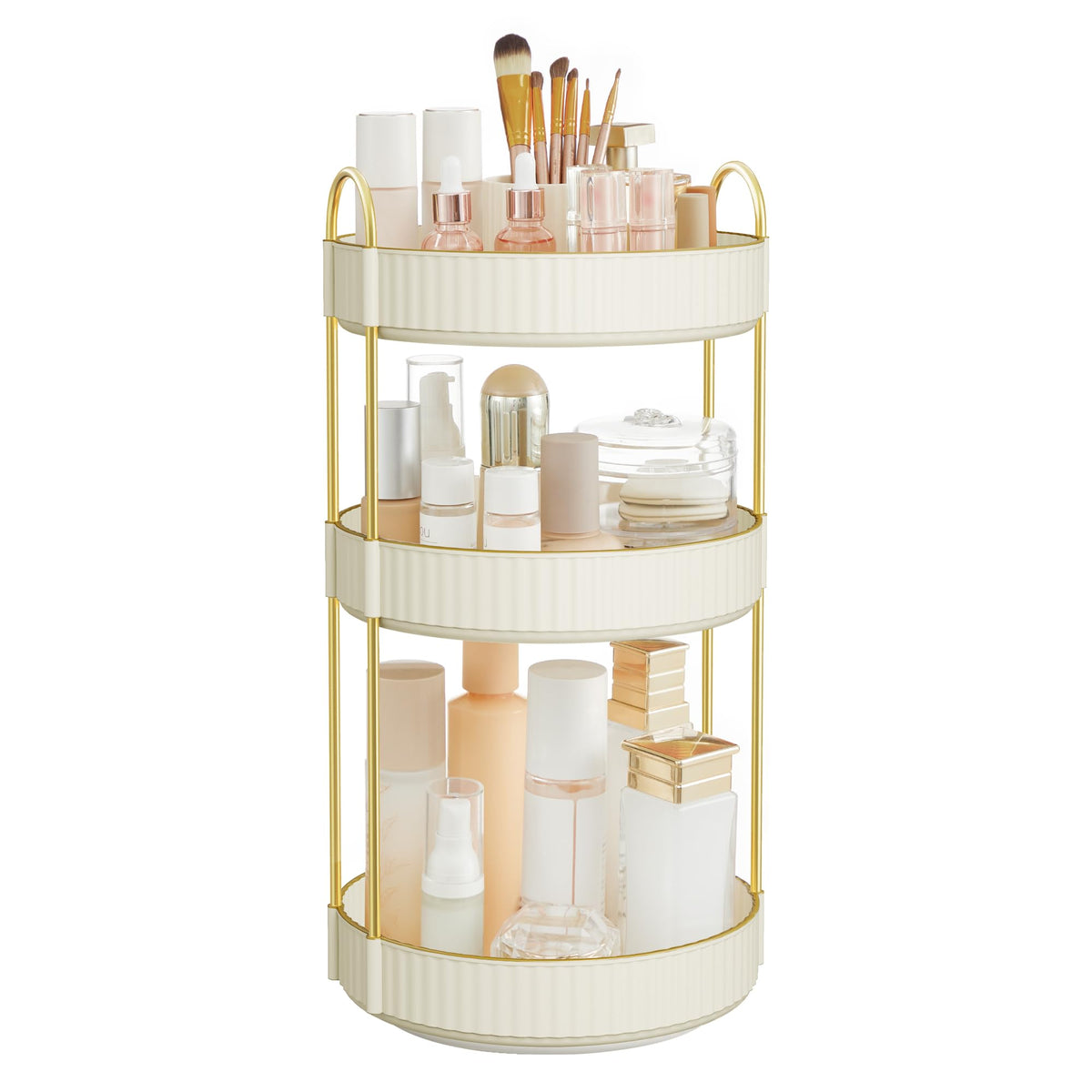 SONGMICS makeup organizer 3-tier rotating top view keeps foundations neatly organized.