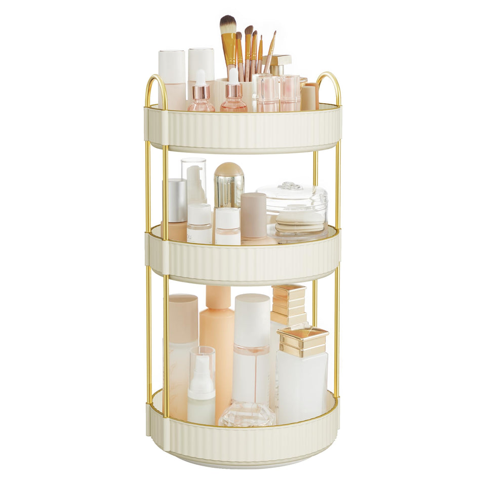 SONGMICS makeup organizer 3-tier rotating top view keeps foundations neatly organized.
