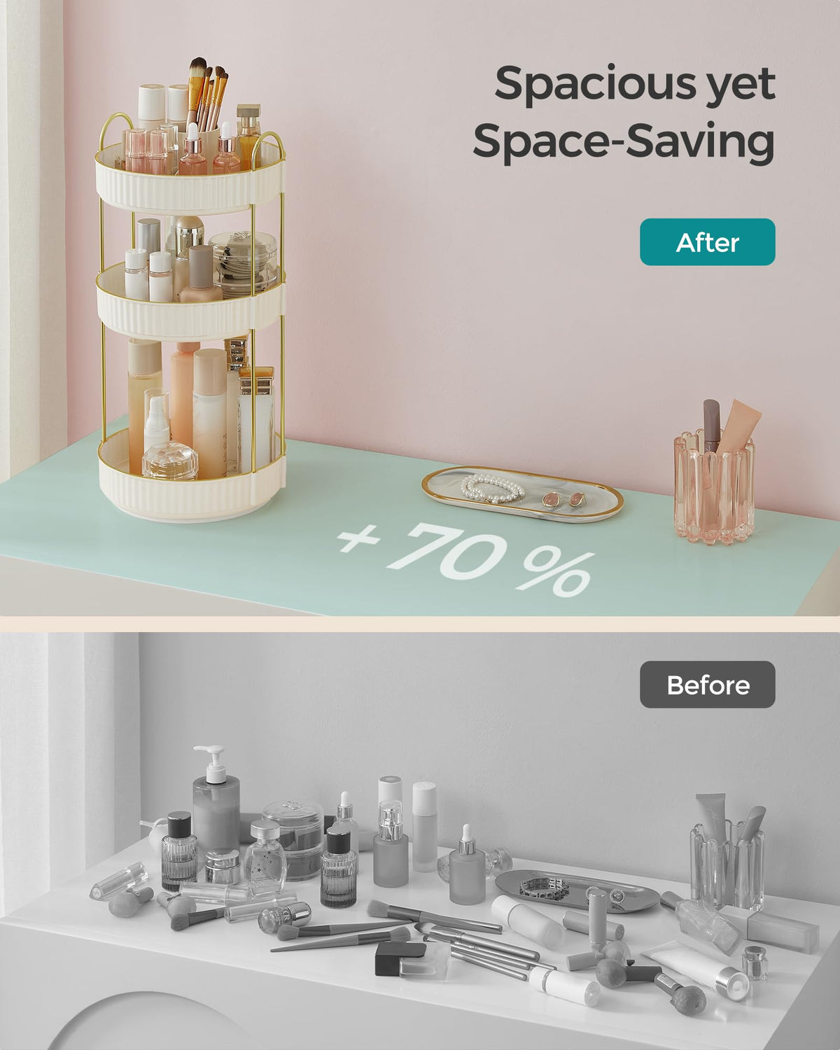 SONGMICS makeup organizer countertop-friendly unit adapts to toiletries or spices.