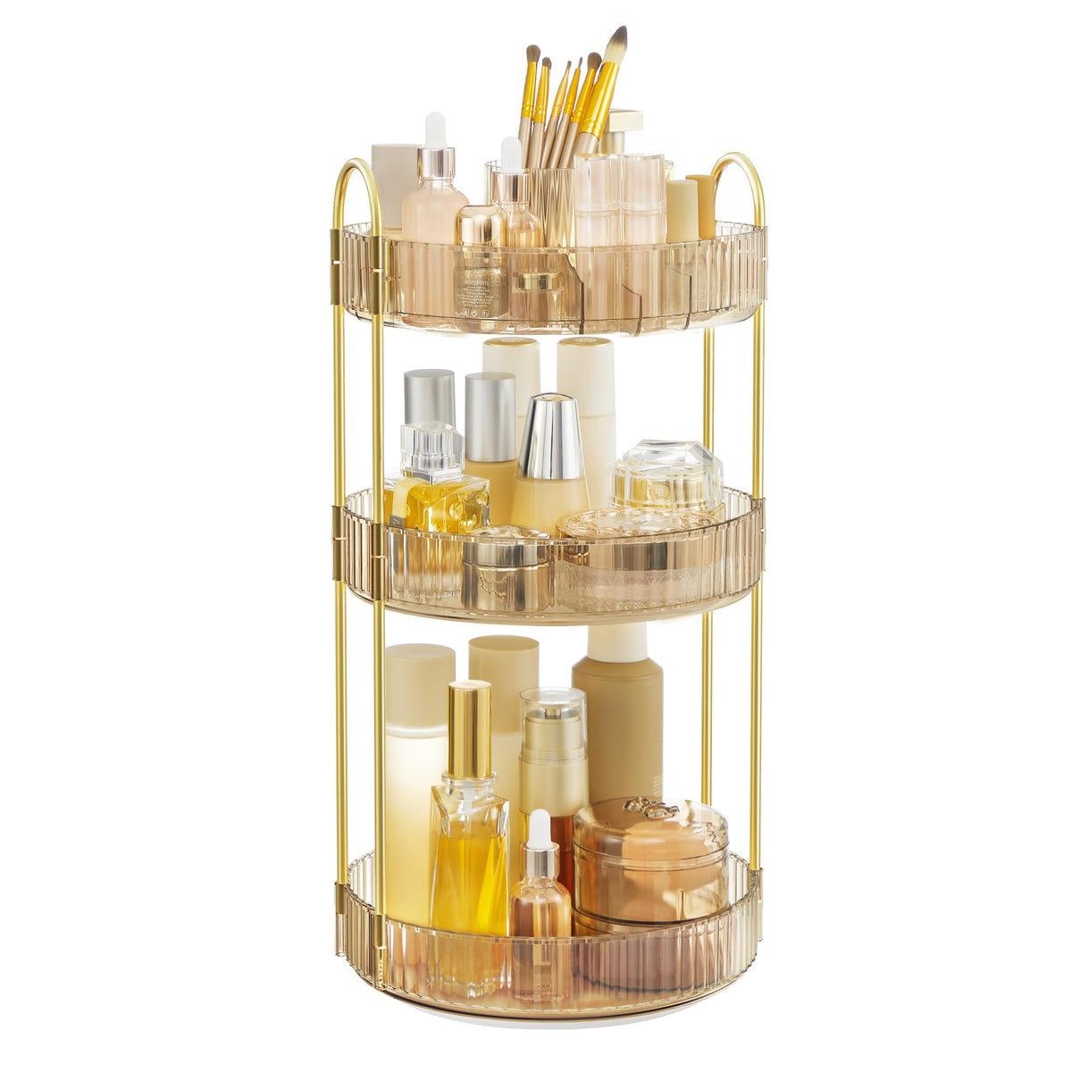 SONGMICS three-tier rotating makeup organizer top view showing organized vanity storage
