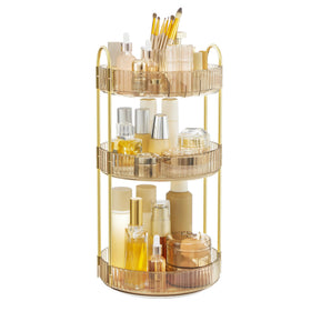 SONGMICS three-tier rotating makeup organizer top view showing organized vanity storage