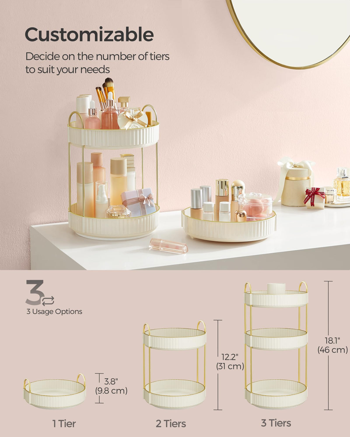 SONGMICS makeup organizer 360-degree rotation enables effortless reach of cosmetics.