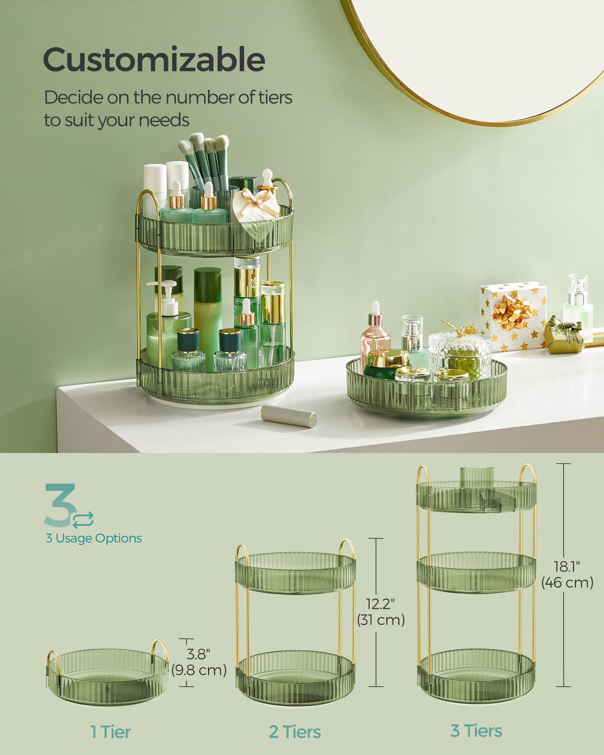 SONGMICS pale green vanity organizer highlighting top shelf compartments.