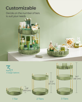 SONGMICS pale green vanity organizer highlighting top shelf compartments.