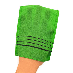 Songwol towel green mitten in hand for gentle shower exfoliation