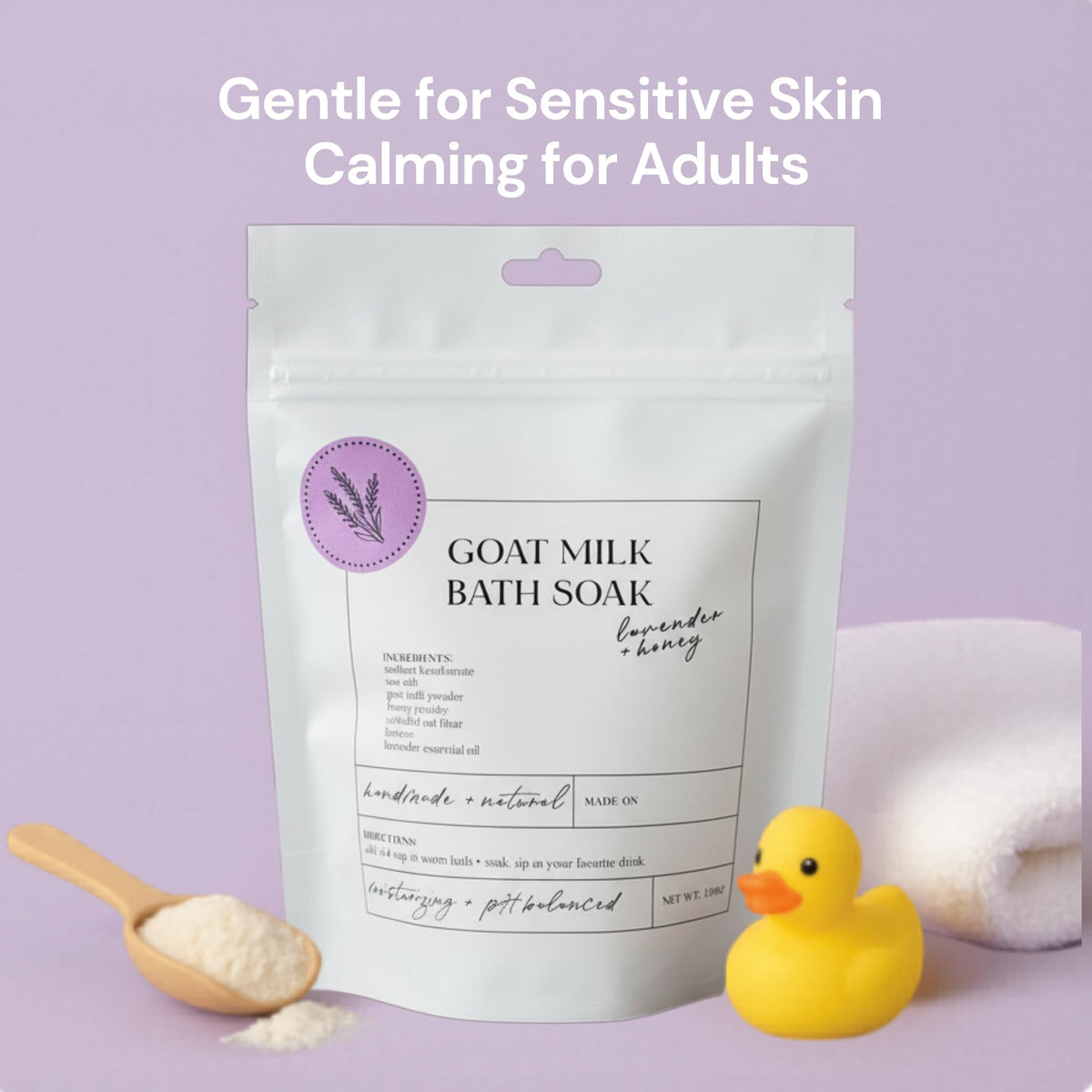 Two sizes of Sonshine Minerals Goat Milk Bath Soak packaging shown together
