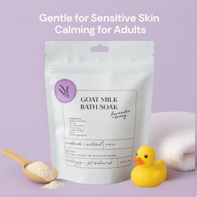 Two sizes of Sonshine Minerals Goat Milk Bath Soak packaging shown together