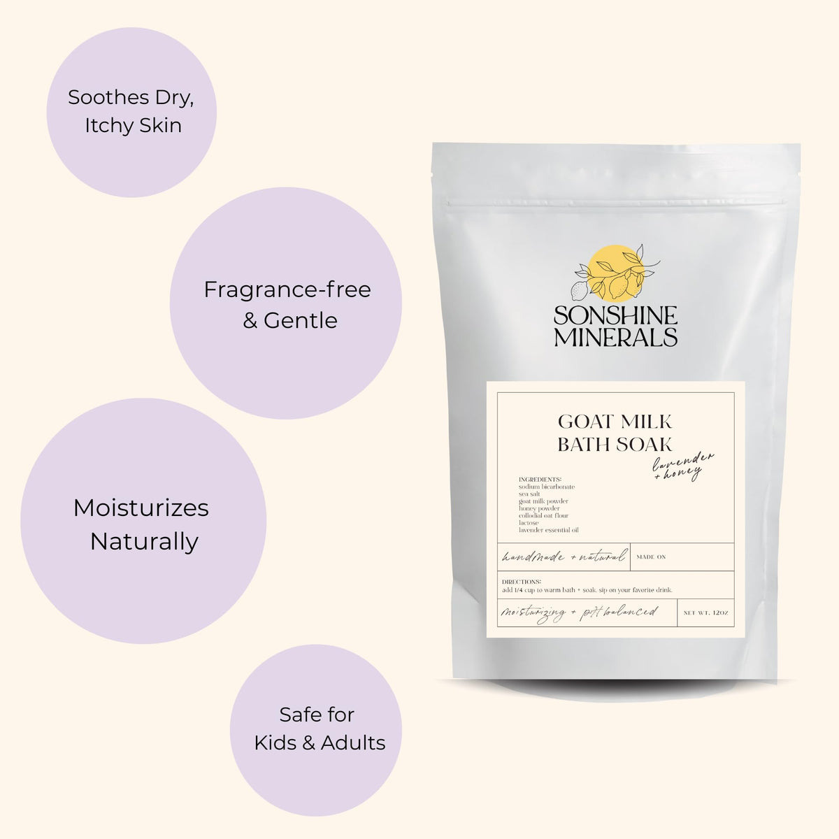 Ingredient glimpse of oats and honey in Sonshine Minerals bath soak
