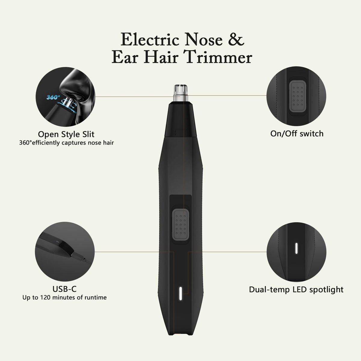Soonsell nose hair trimmer ultra-low noise for quiet operation anywhere.