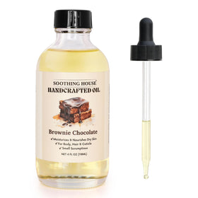 Soothing House brownie chocolate body oil bottle pour for fast-absorbing hydration.