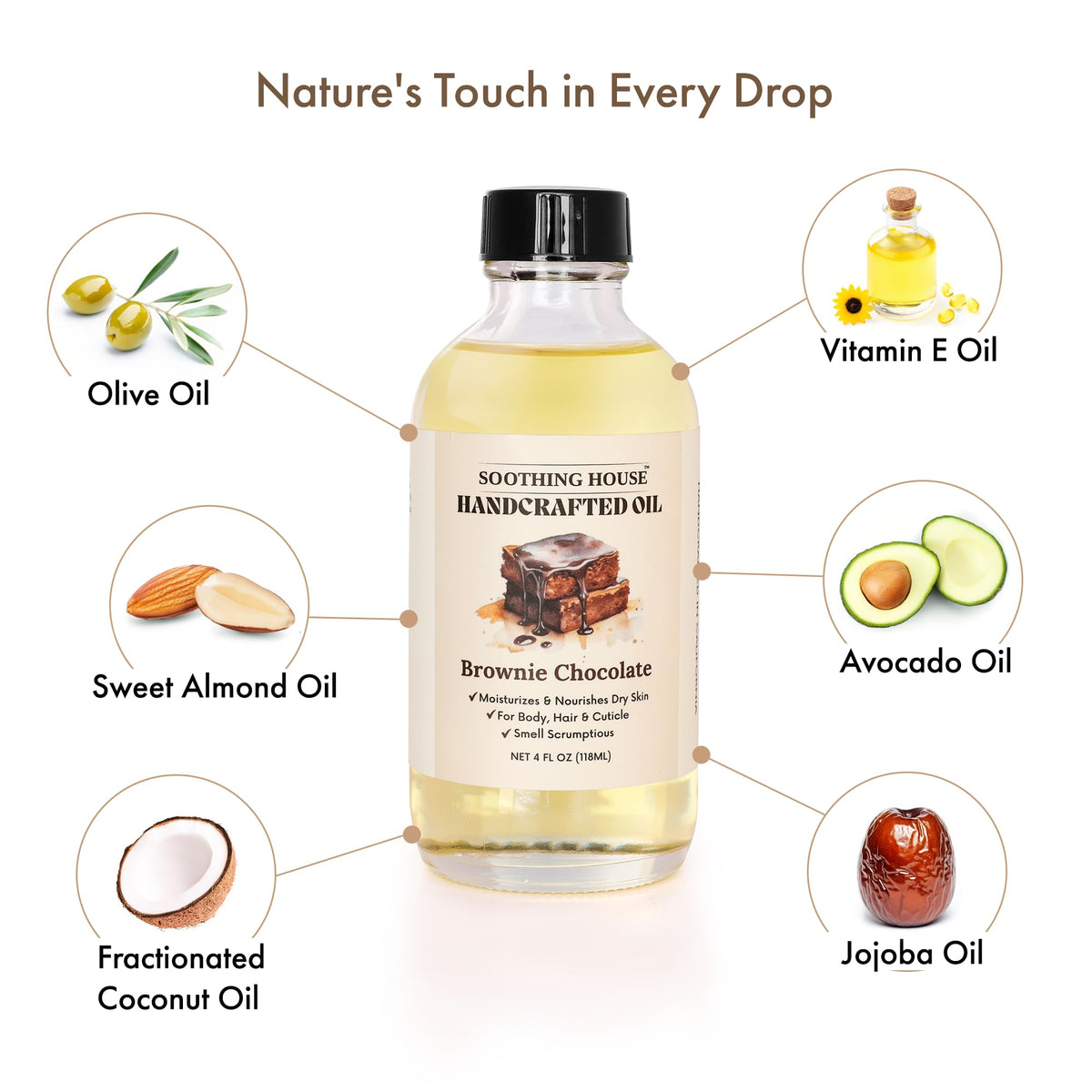 Soothing House brownie chocolate body oil damp-hair-gloss adds shine and tames frizz.