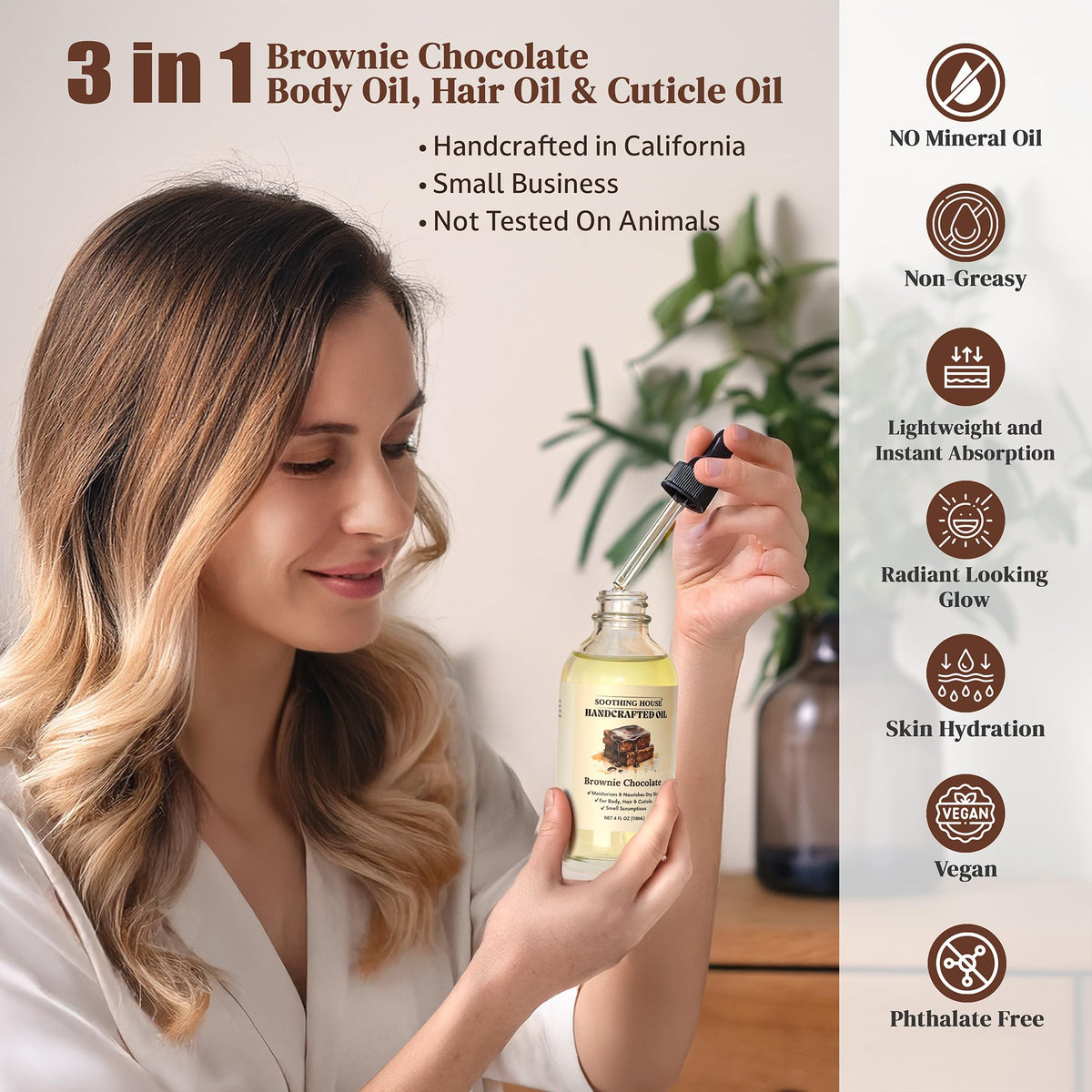Soothing House brownie chocolate body oil quick-absorbing formula leaves no greasy residue.