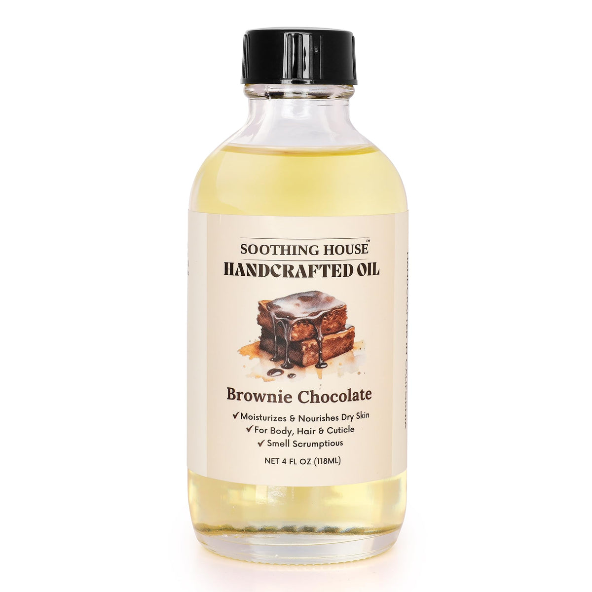 Soothing House brownie chocolate body oil hair-gloss for frizz control and shine.
