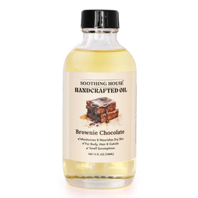 Soothing House brownie chocolate body oil hair-gloss for frizz control and shine.