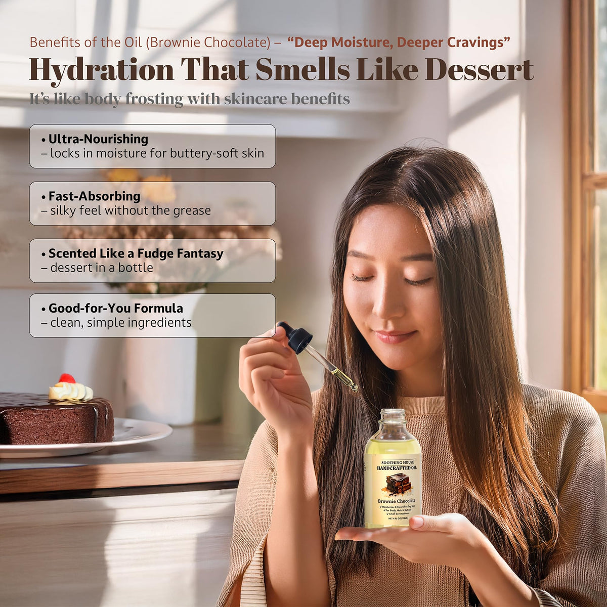 Soothing House brownie chocolate body oil post-shower ritual for lasting hydration.