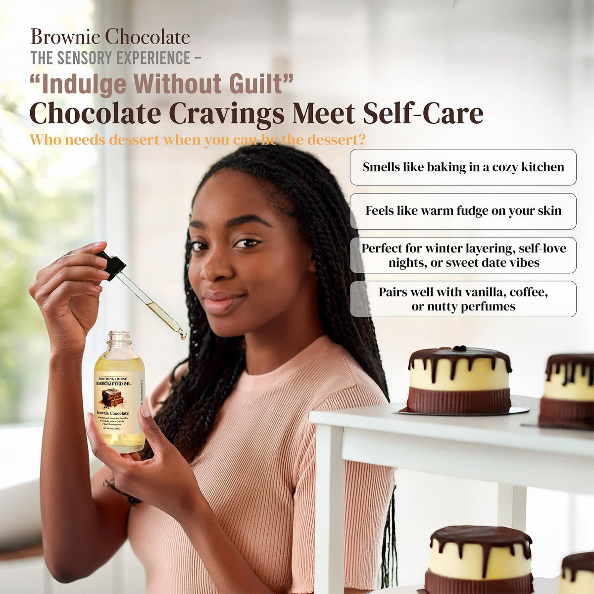 Soothing House brownie chocolate body oil on skin delivers deep moisture and a radiant glow.