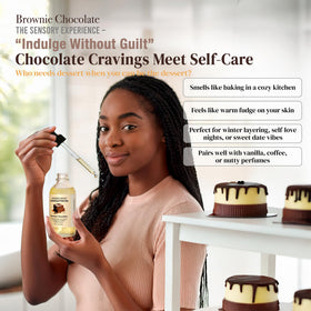 Soothing House brownie chocolate body oil on skin delivers deep moisture and a radiant glow.