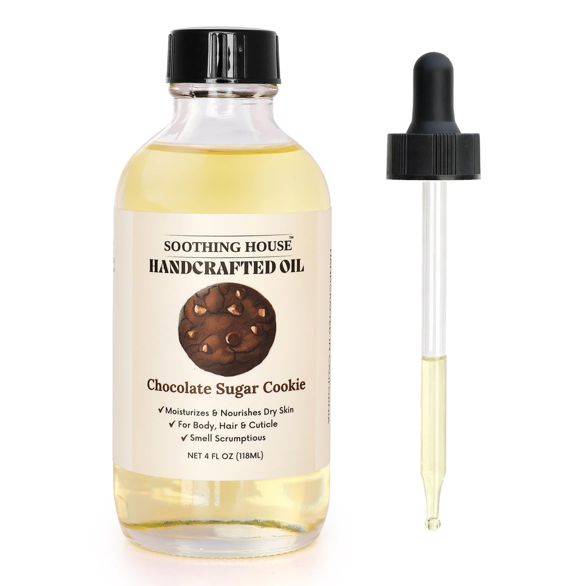 Soothing House Chocolate Sugar Cookie Body Oil bottle shows hydrating vegan formula.