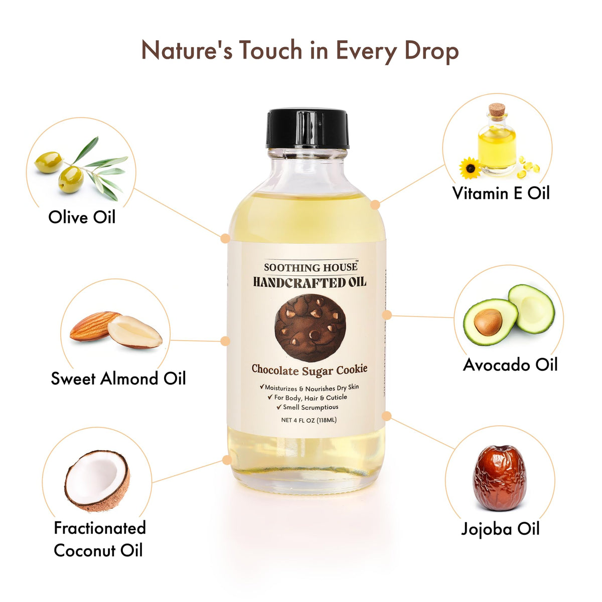 Soothing House Chocolate Sugar Cookie Body Oil cuticle nourishment closeup.