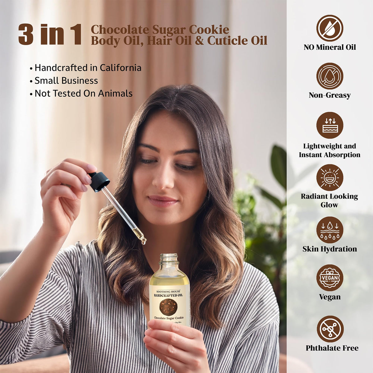 Soothing House Chocolate Sugar Cookie Body Oil hair gloss closeup shows frizz control.