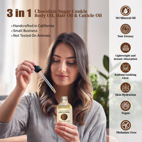 Soothing House Chocolate Sugar Cookie Body Oil hair gloss closeup shows frizz control.
