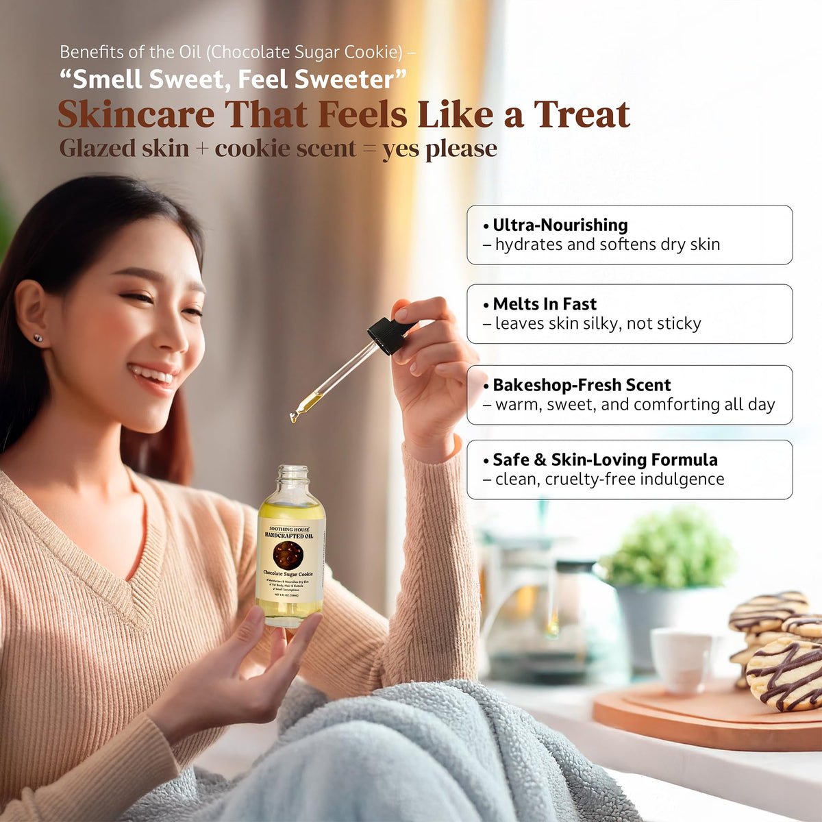 Soothing House Chocolate Sugar Cookie Body Oil hand application for soft skin.