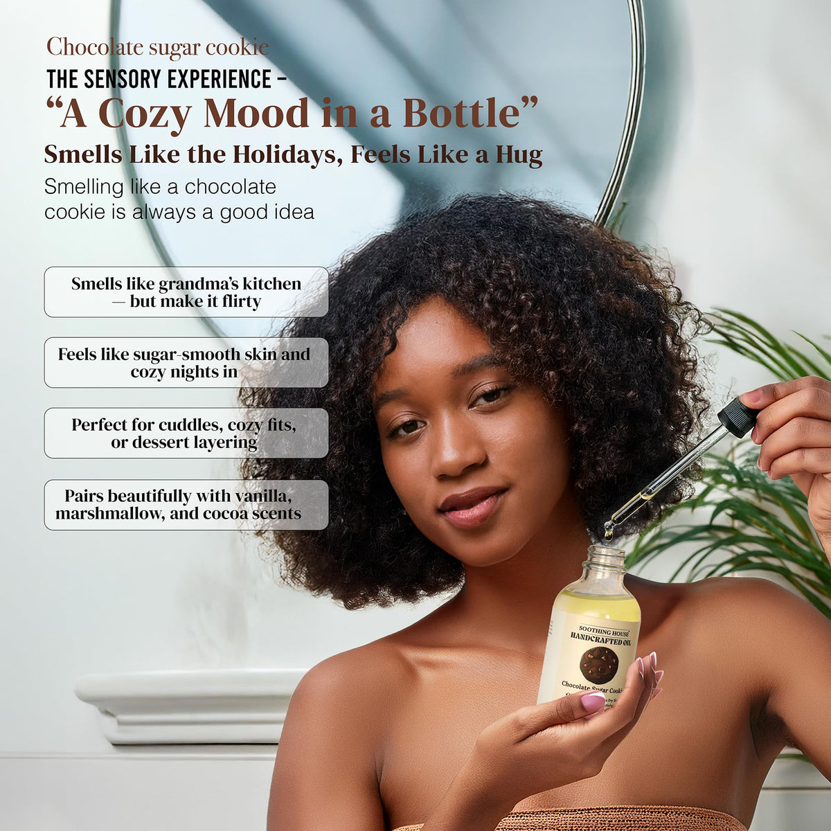 Soothing House Chocolate Sugar Cookie Body Oil label closeup emphasizes cruelty-free packaging.
