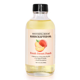 Soothing House Fresh Sweet Peach Body Oil bottle cap close-up highlights clean formula.