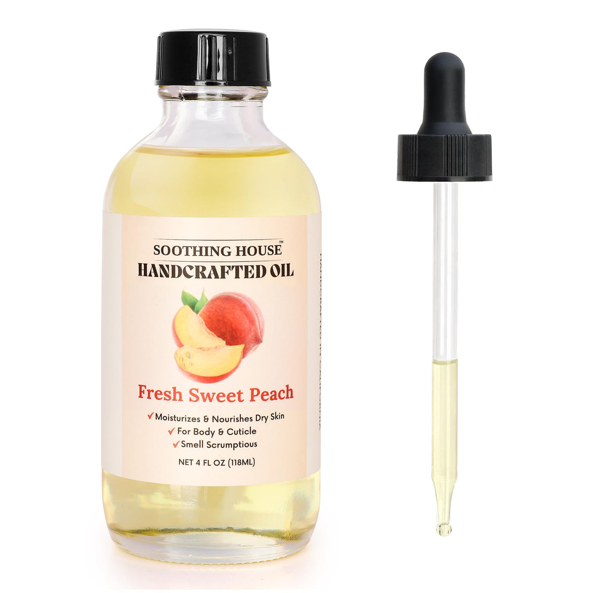 Soothing House Fresh Sweet Peach Body Oil bottle pour delivers quick hydration.