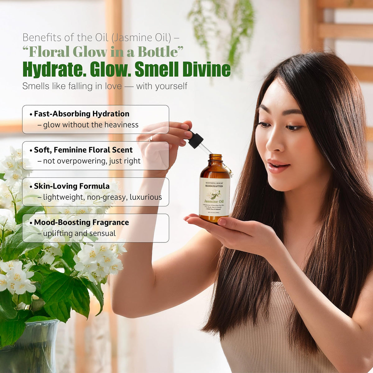 Soothing House Jasmine Oil supports daily self-care rituals with a calming jasmine aroma.